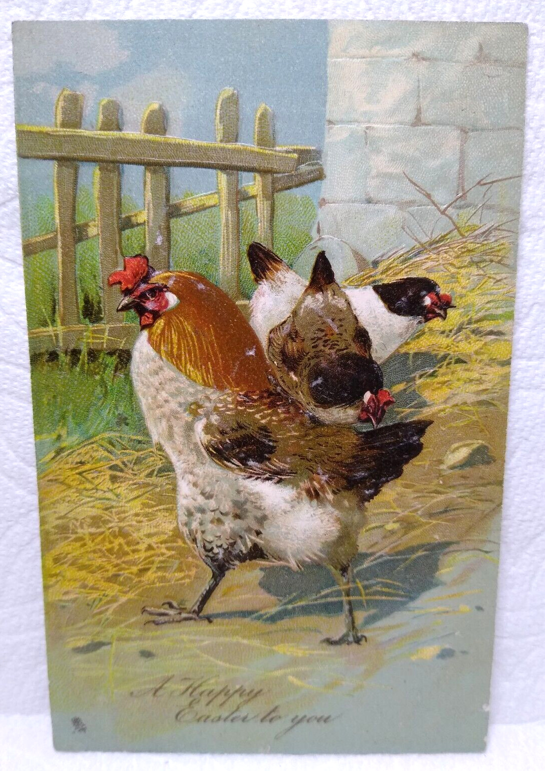 Tucks Easter Greetings Postcard Hen Rooster Wooden Fence Hay Series 1242 Vintage