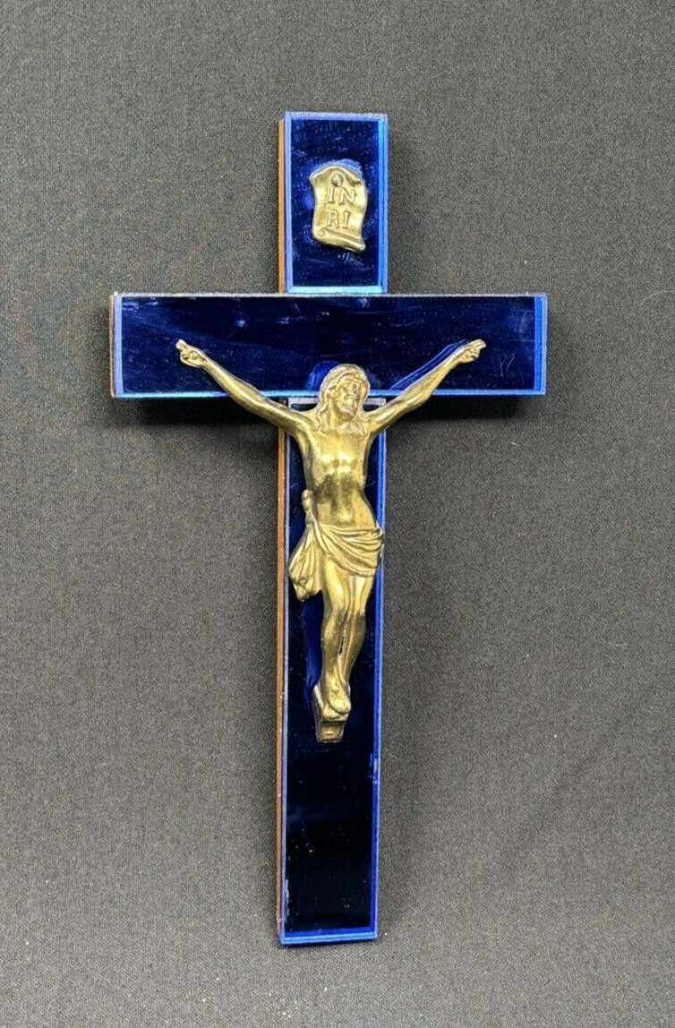 Vintage / Antique ART DECO Crucifix Blue Mirror