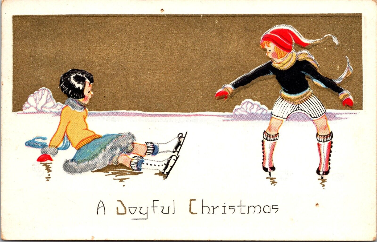 c1910\'s Christmas Girls Winter Ice Skating Embossed Unposted Antique Postcard a4