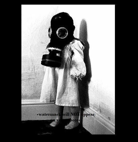 Vintage Creepy Child Gas Mask PHOTO Scary Naughty Girl Freak, WORLD WAR