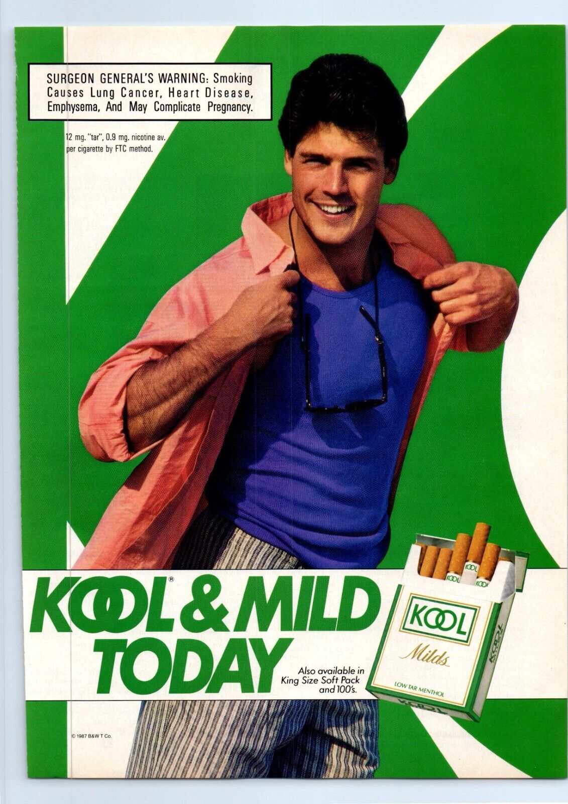 KOOL Cigarettes KOOL & MILD TODAY Young Hunky Man 1987 Print Ad 8\