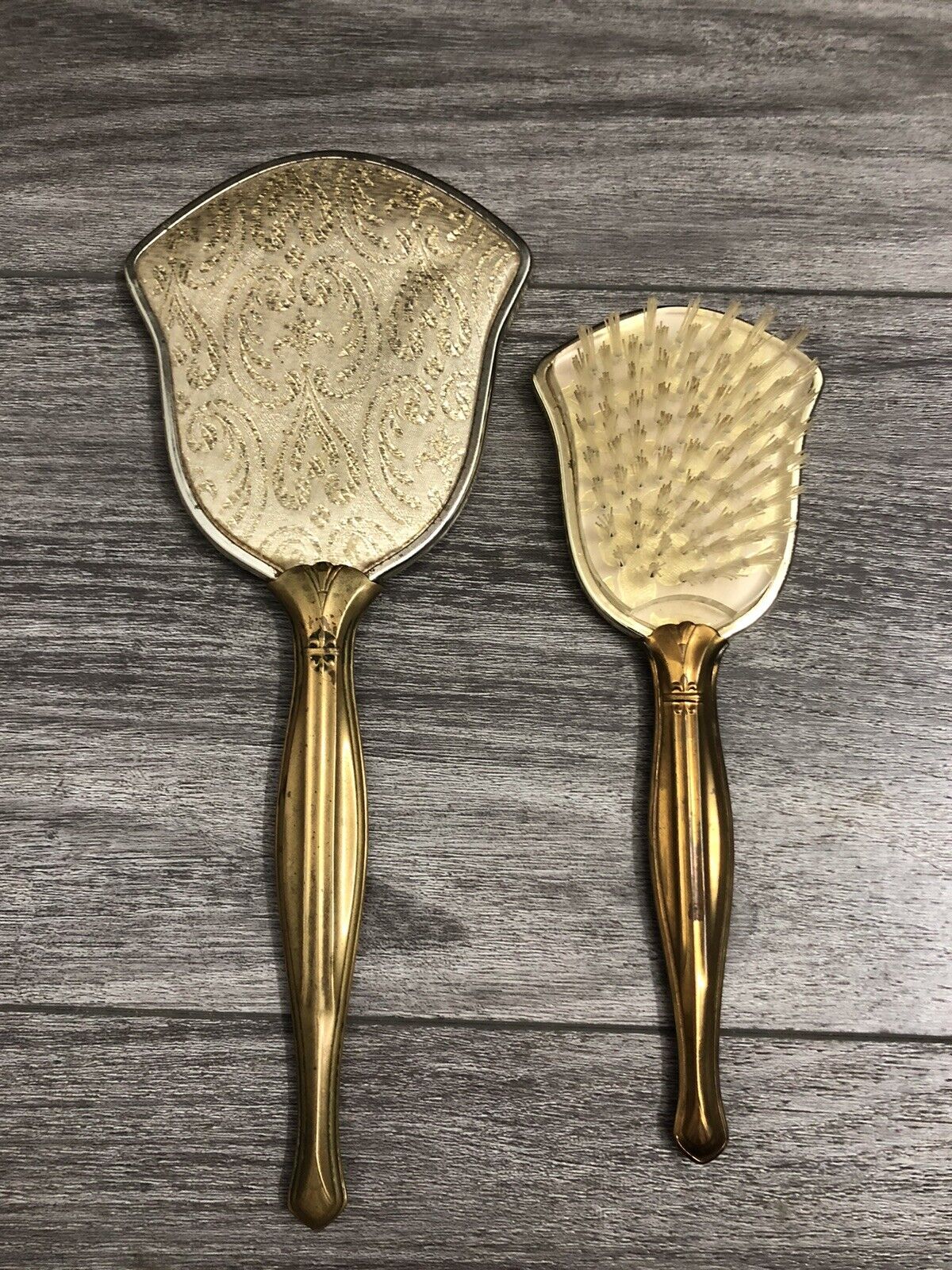 Antique Vintage Gold Hair Brush & Mirror Set Borcade Fabric Pattern
