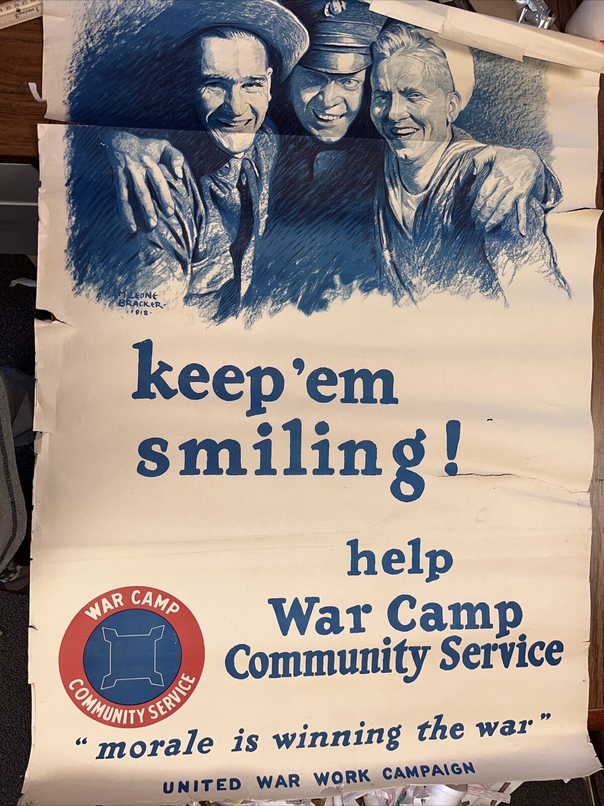 ORIGINAL WWI Keep Em Smiling Poster: War Camp Community Service M Leone Bracker