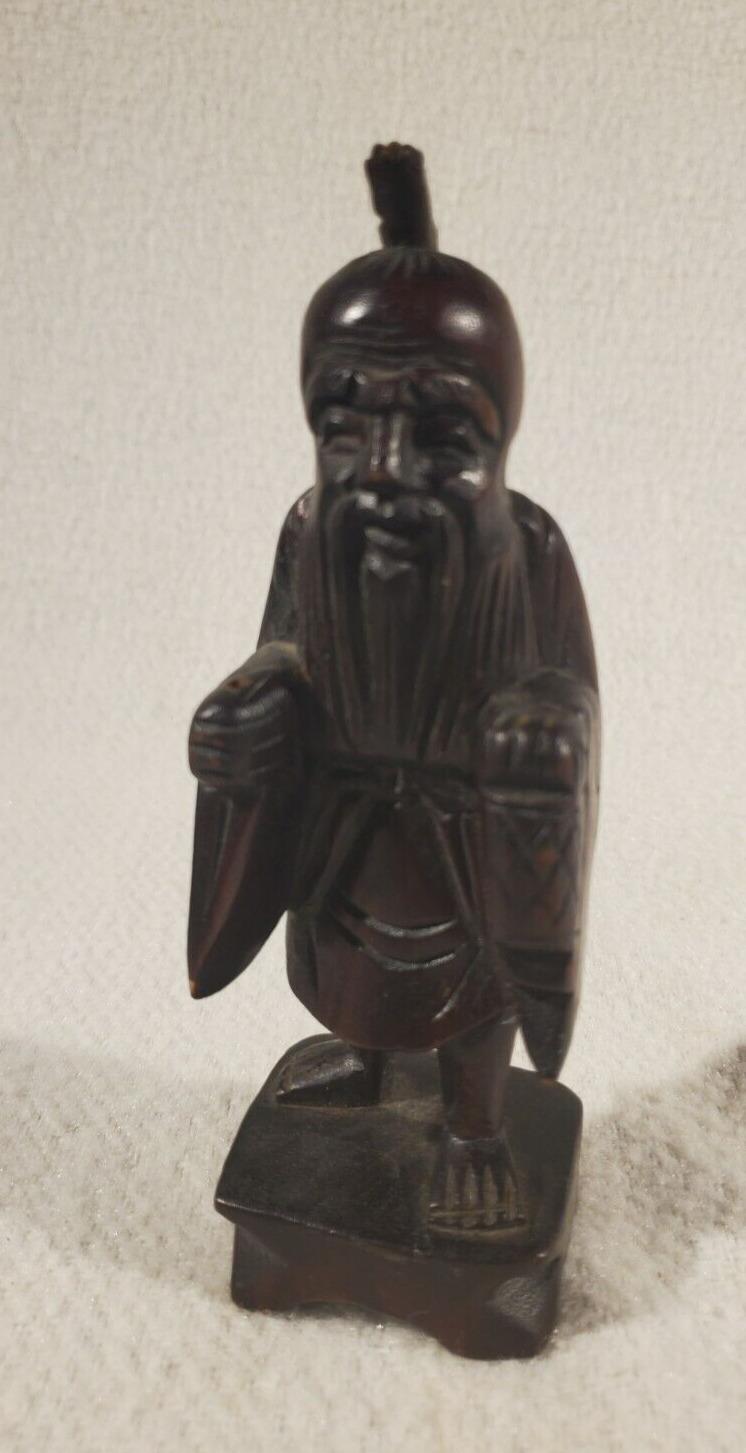 VINTAGE (c1950) WOOD CARVING CHINESE LUCKY GOD JUROJIN 7 LUCKY GODS