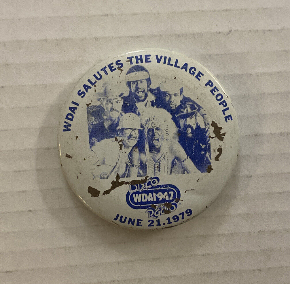 Vintage 1979 Disco WDAI Village People Promo Button Pin TOUR DATES Chicago Radio