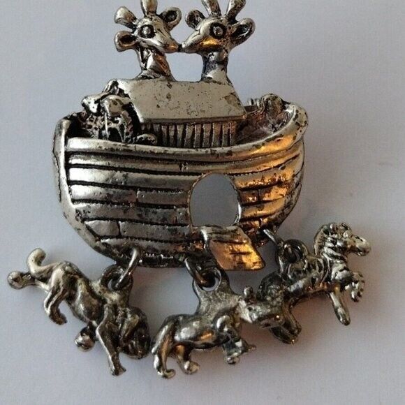 Small Silvertone Noah\'s Arc Drop Charms Brooch Pin