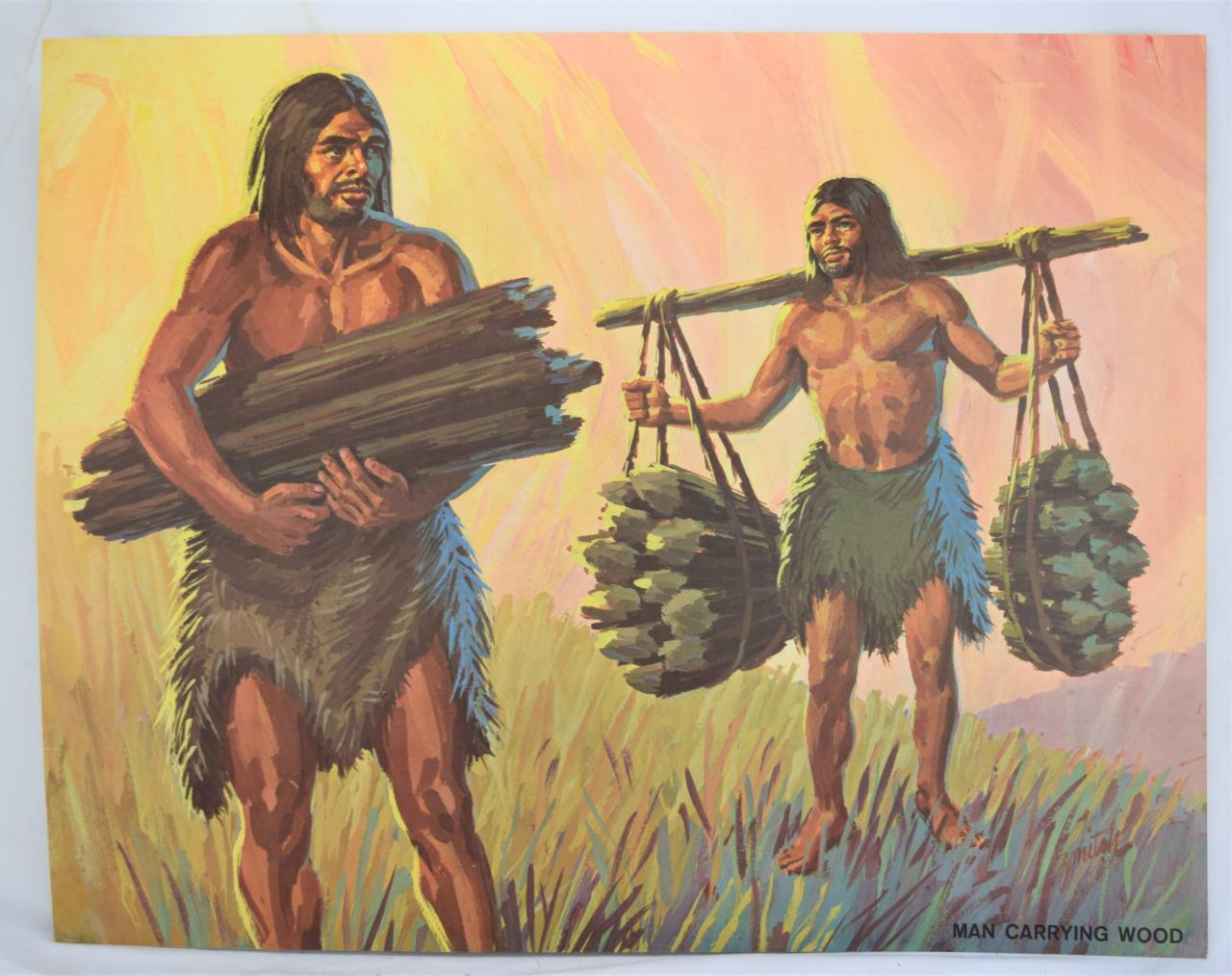 1962 Teach-A-Chart Poster 104 Early Man Carrying Wood #1 21 1/2\