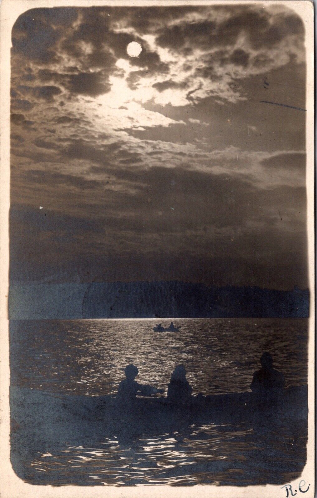 Real Photo Postcard People on a Boat in a Lake or Ocean in Warsaw, New York