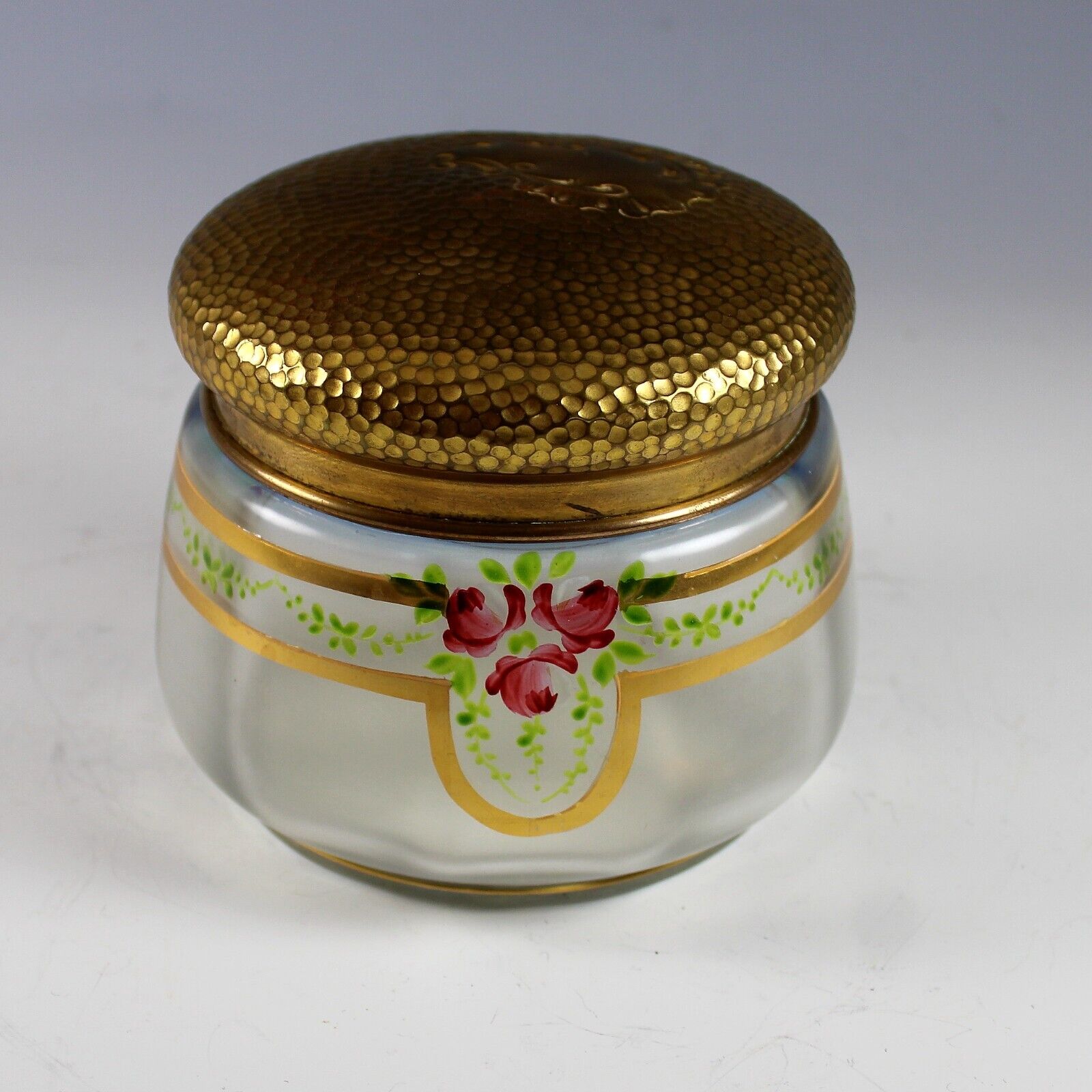 Antique Mont Joye Enameled Glass Powder Jar with Gold Metal Lid