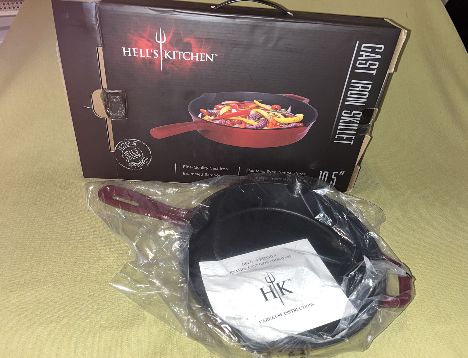 Hell’s Kitchen Cast Iron Skillet 10.5” Red Enameled Exterior Pan NIB