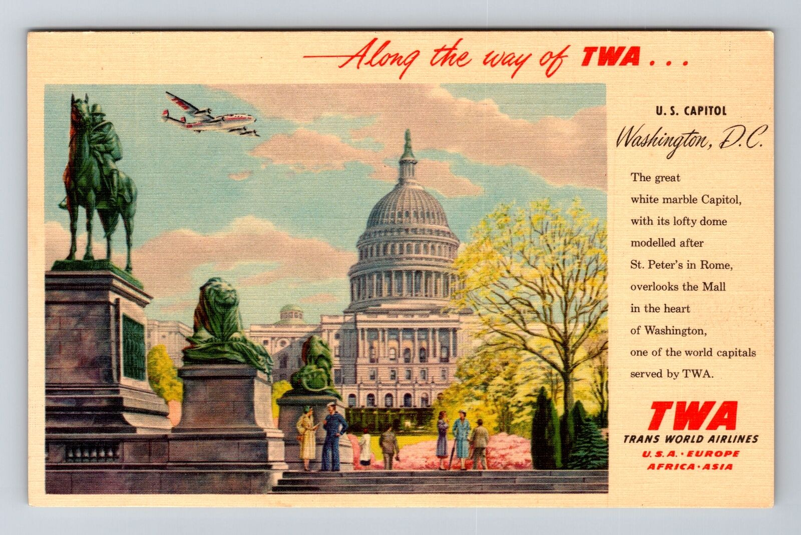 Washington DC-US Capitiol, Trans World Airlines, Vintage Postcard