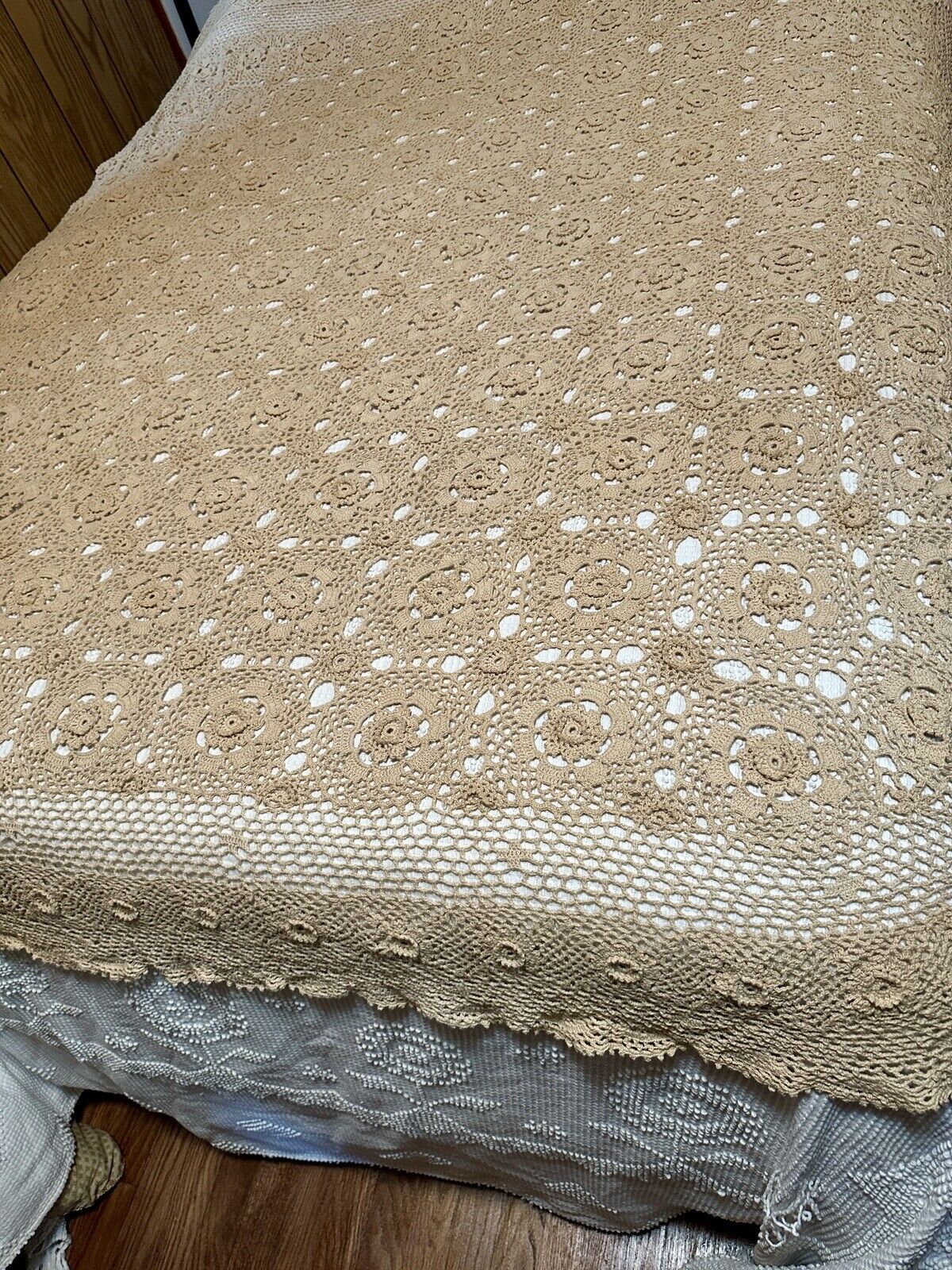 Handmade Crochet Full/Twin Bedspread Cover Beige 54 X 80 Grandma Cottage Core