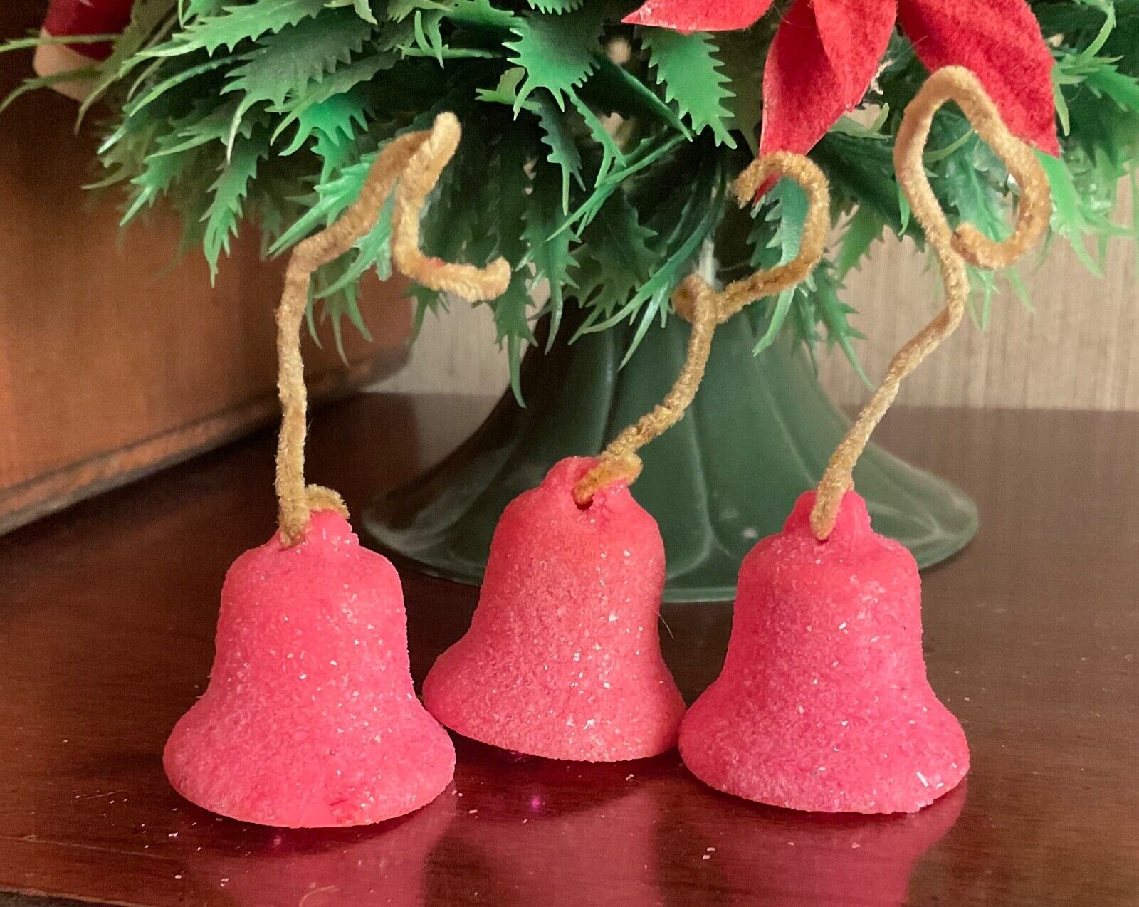 Vintage Pink Hard Plastic Flocked Christmas bell ornaments lot of 3