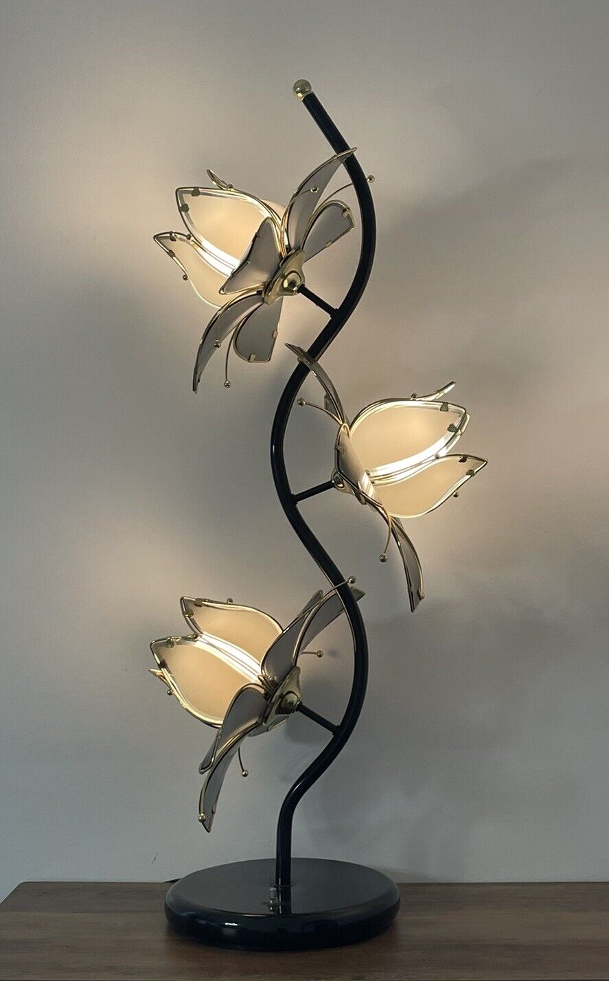 Vtg Anthony California Hollywood Regency Black Lotus Table Lamp Deco Flower