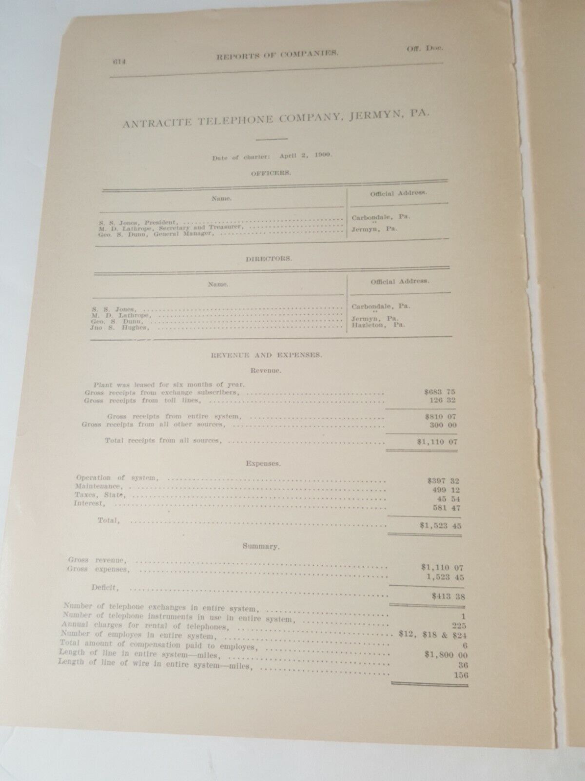 1910 RR document ANTRACITE TELEPHONE COMPANY Jermyn Pennsylvania Lackawanna Co.