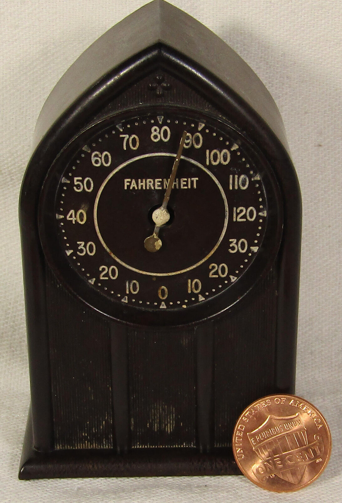 mini ART DECO THERMOCLOCK CATHEDRAL BAKELITE THERMOMETER 3-1/4 inch tall USA