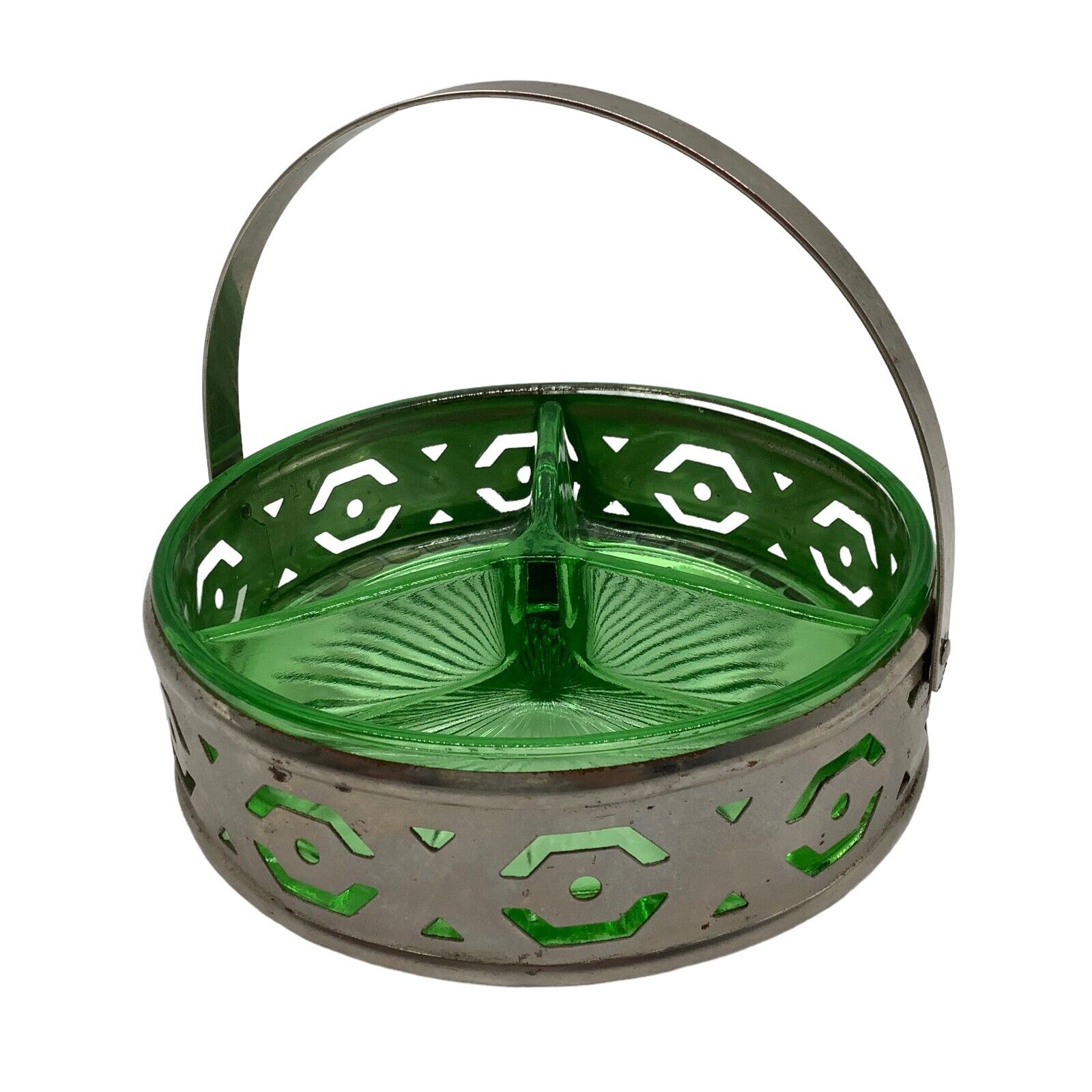 Green Vintage Glowey Vaseline Divided Dish with Silver Metal Carry Basket