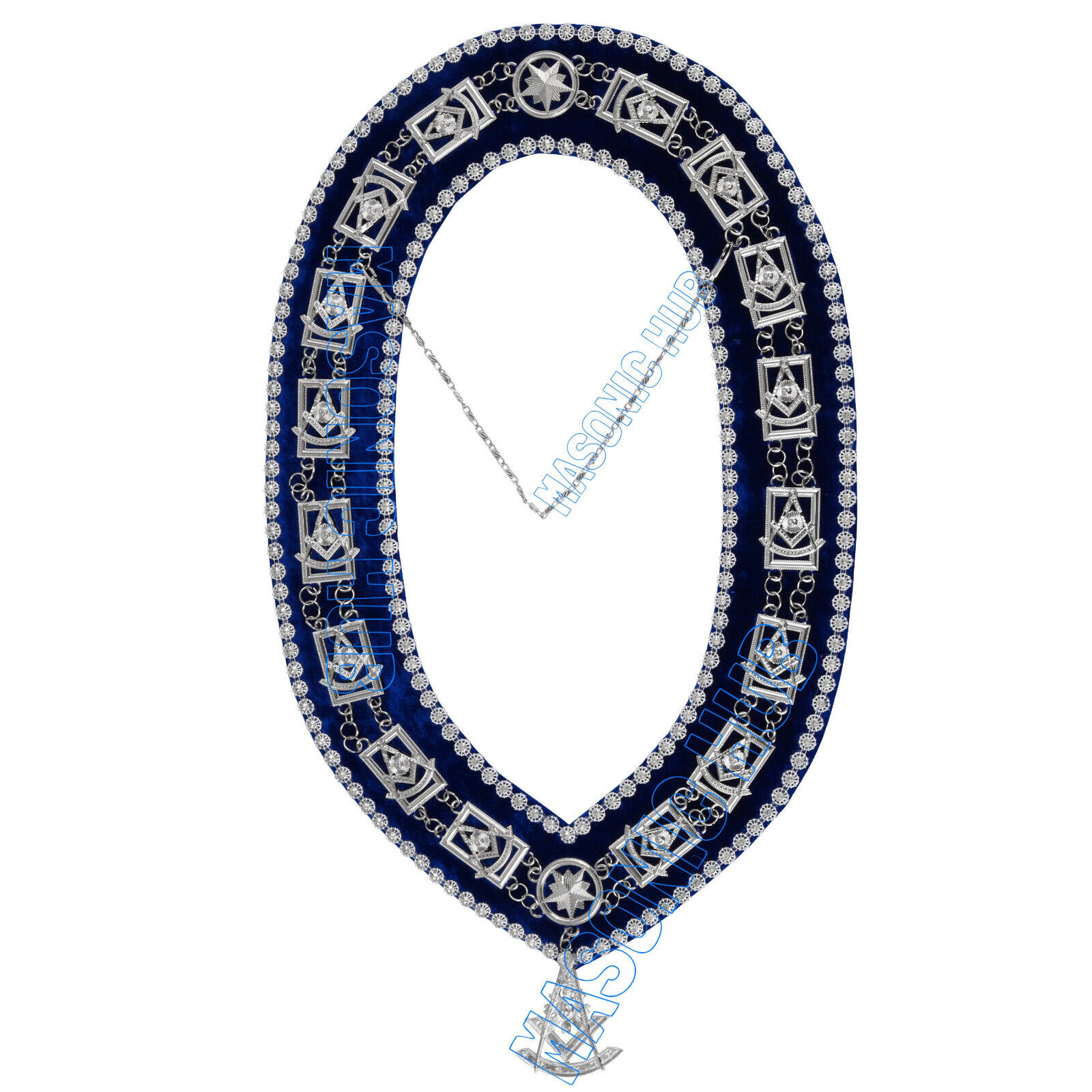 Masonic Past Master Metal Chain Collar Blue Backing With Rhinestones & Jewel