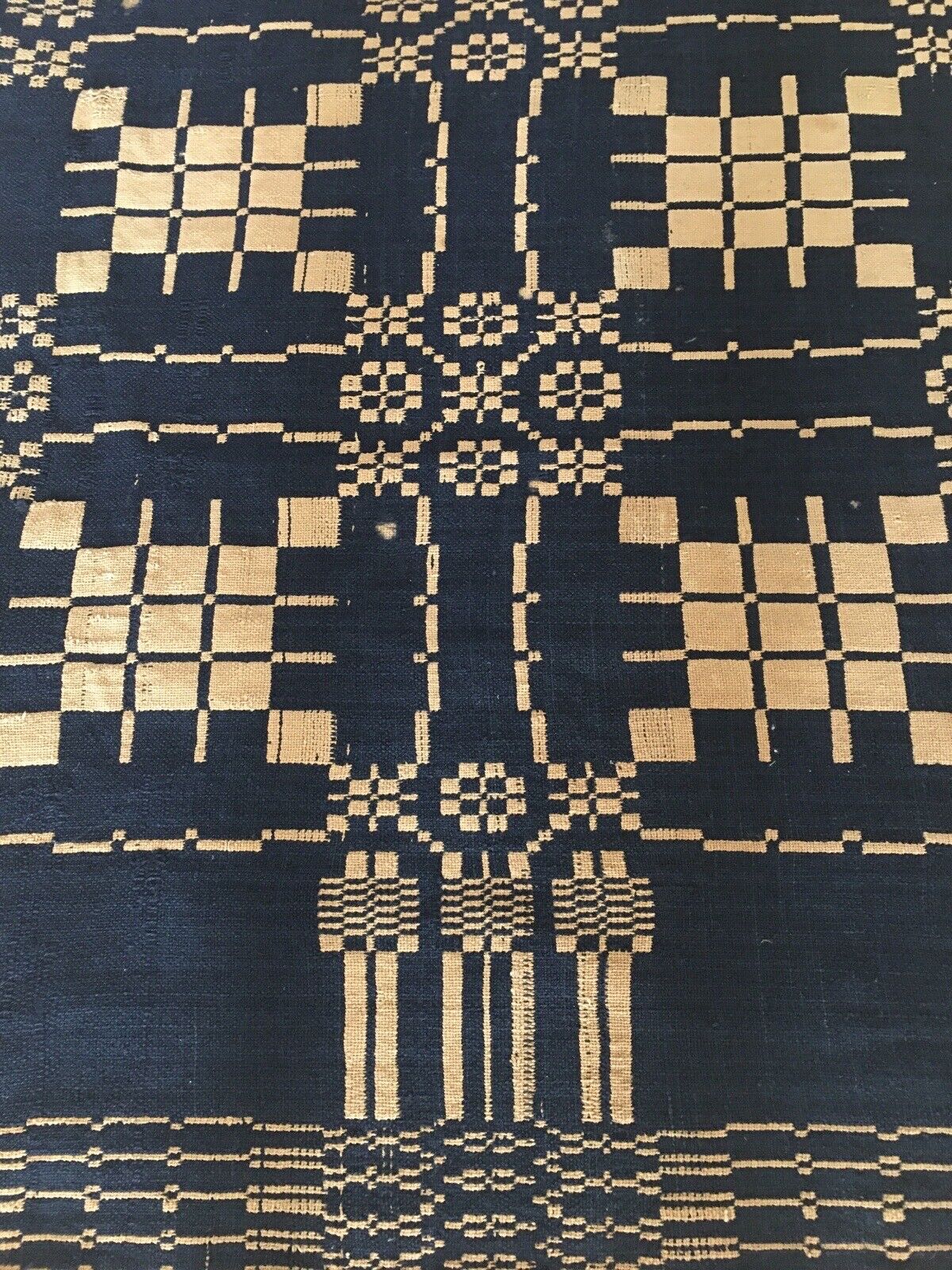 Antique Loom Woven Wool Fabric Jacquard Coverlet Pc #1~ Dk Indigo Blue Ecru Tan