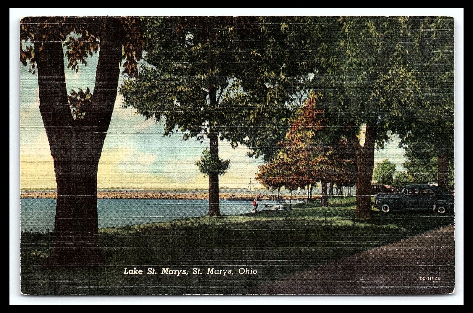 St. Marys OH Linen Postcard Lake Scenic View Vintage Auto Unposted   pc243