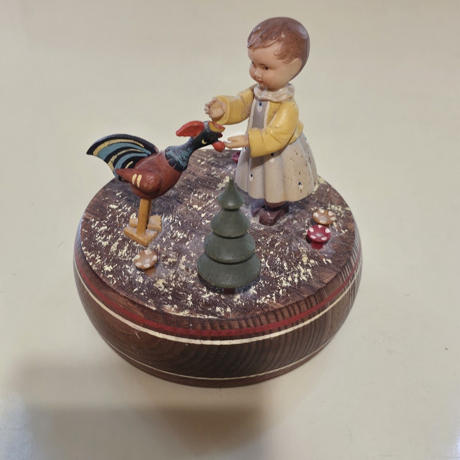 Vt. 40s/50s Anri Thorens Movement music box Girl With Rooster Tree + Mushrooms