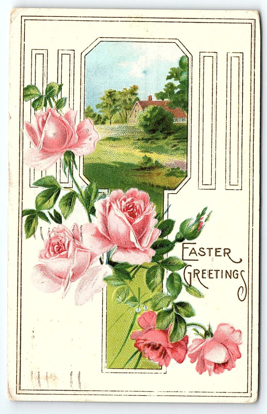 c1910 EASTER GREETINGS ROSES SECNIC VIEW ROCHESTER NY EMBOSSED POSTCARD P3338