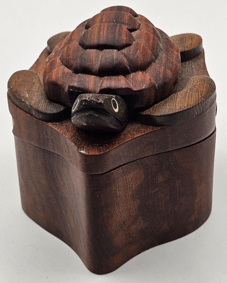 Vintage Wooden Hand Carved Turtle Puzzle trinket Box Made in Hawaii ~ Cute