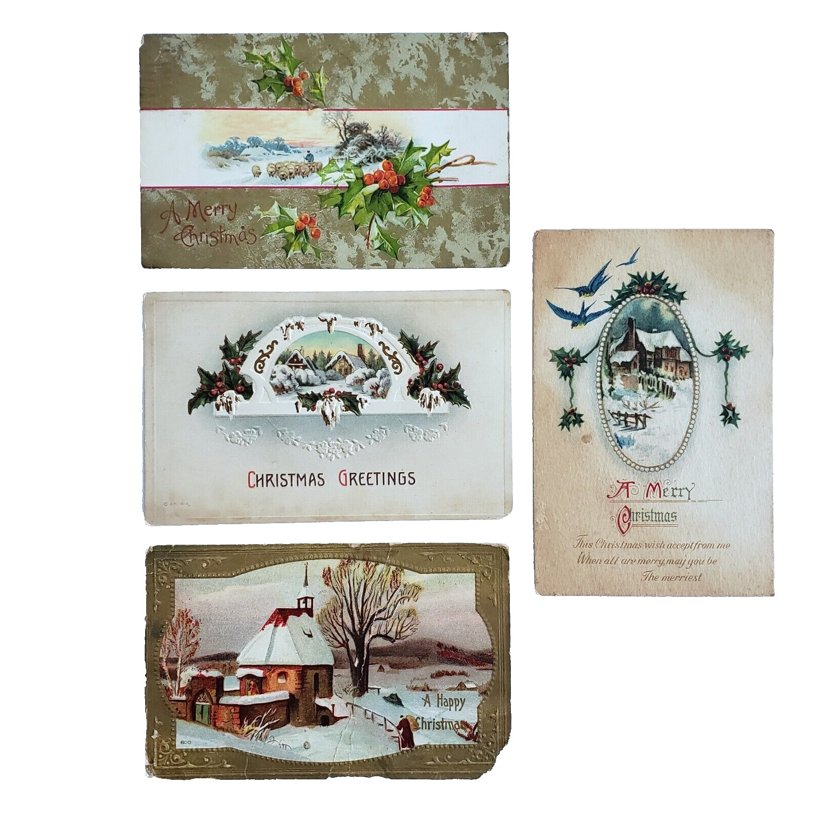 4 Vtg 1900s Holiday Postcards Farm Winter Santa Red Cross Christmas Seal Germany