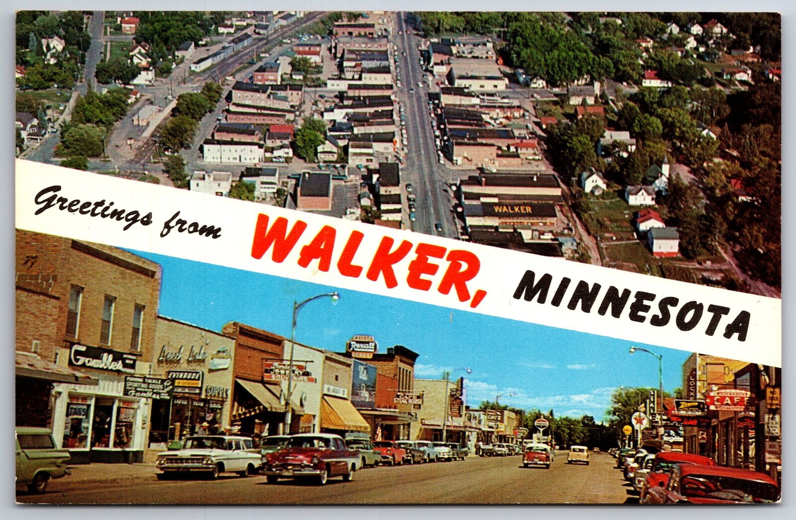 Walker Minnesota~Aerial View & Main Street~Rexall Drugstore~Texaco~1950s PC