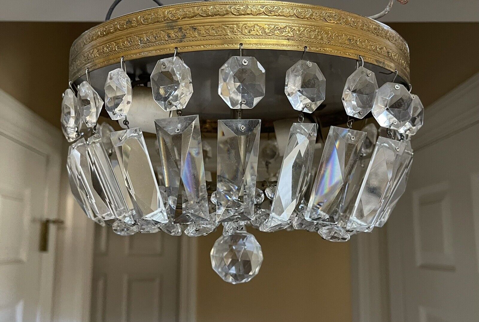Vintage French Flush Mount Crystal Basket Chandelier Ceiling Light Brass 10”