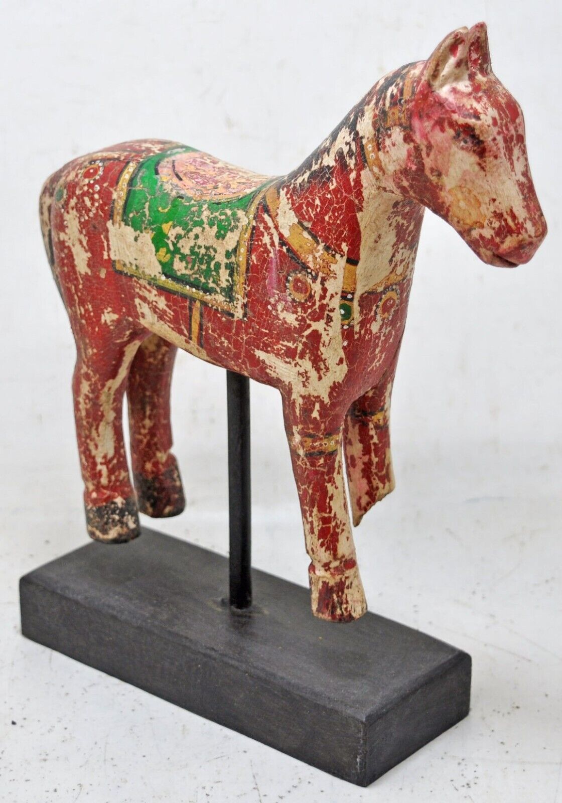 Hand Carved Rustic Painted Wooden Horse Figurine on Stand