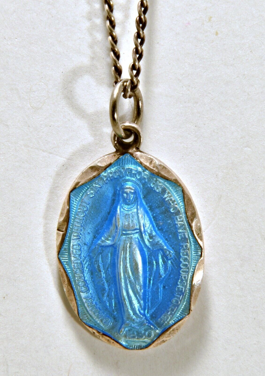 Catholic Vintage Sterling Silver enameled  Mary Holy Pendant Necklace