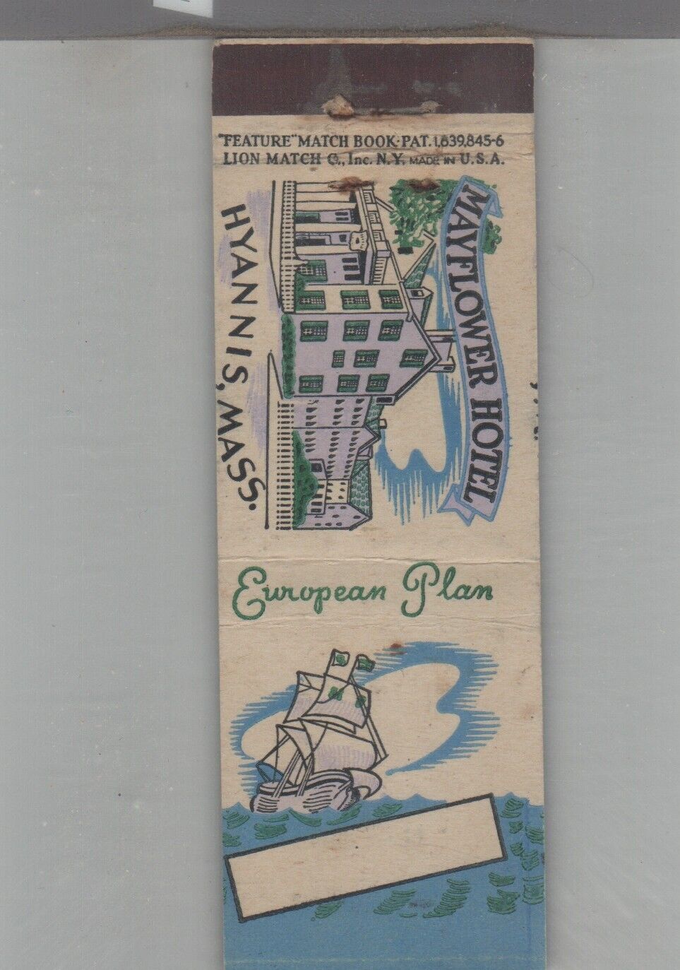 Matchbook Cover Mayflower Hotel Hyannis, MA Cape Cod