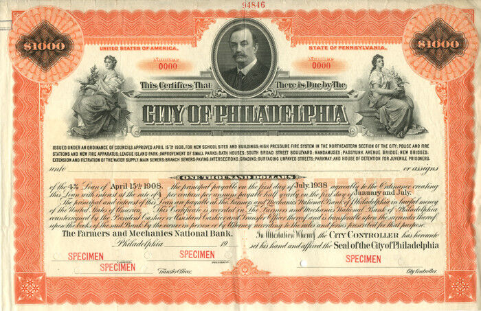 City of Philadelphia $1000 Bond - Beautiful Graphics - Specimen Stocks & Bonds