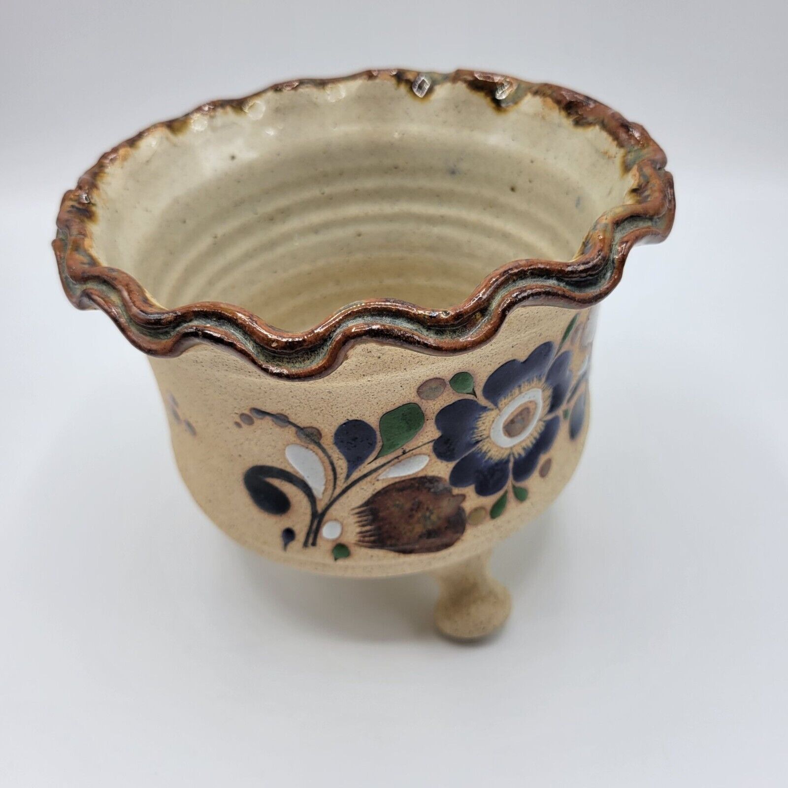 Vintage Tonala Mexican Sandstone Footed Pot With Floral Design Art Pottery