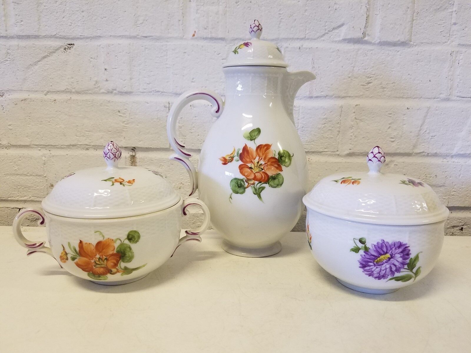 Vtg Antique Nymphenburg Porcelain Teapot and 2 Sugar Bowls w/ Basket Weave Dec.