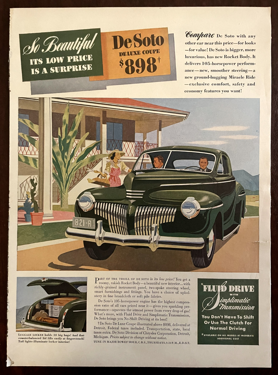 1941 DESOTO Vintage Print Ad Deluxe Coupe Green Car Rocket Body