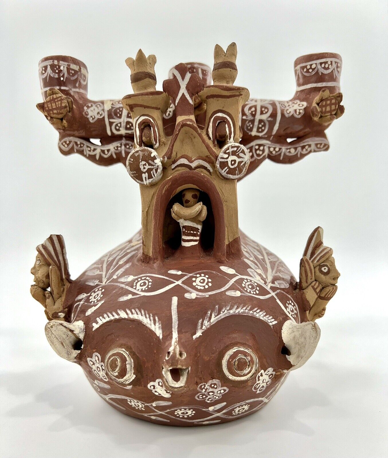 Vintage Peruvian Clay Luminary Candelabra Ceremonial/Peru Folk Art Candle/9”T