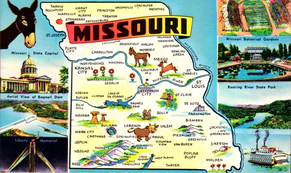 Postcard, Missouri Map, State Capital, River State Park,Memorial Staduim