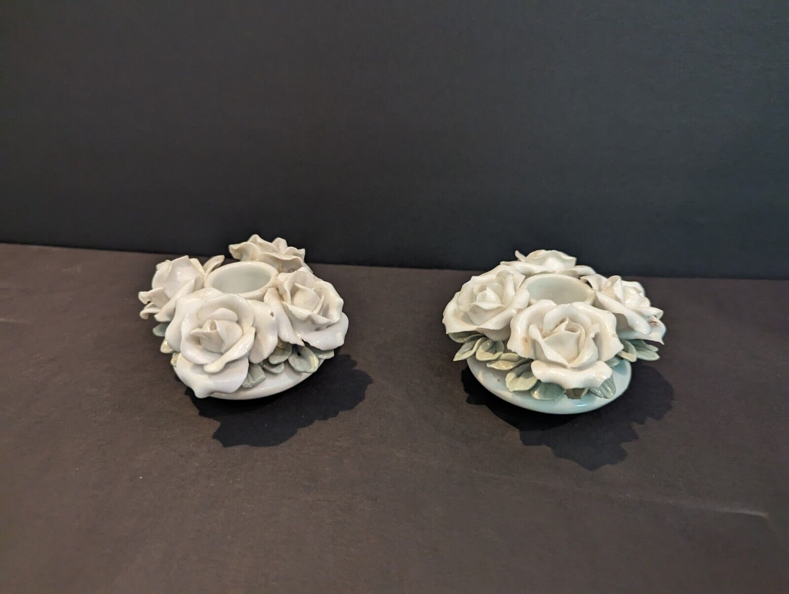 Vintage- Pair Of White Roses Porcelain Taper Candle Holders, 1940\'s