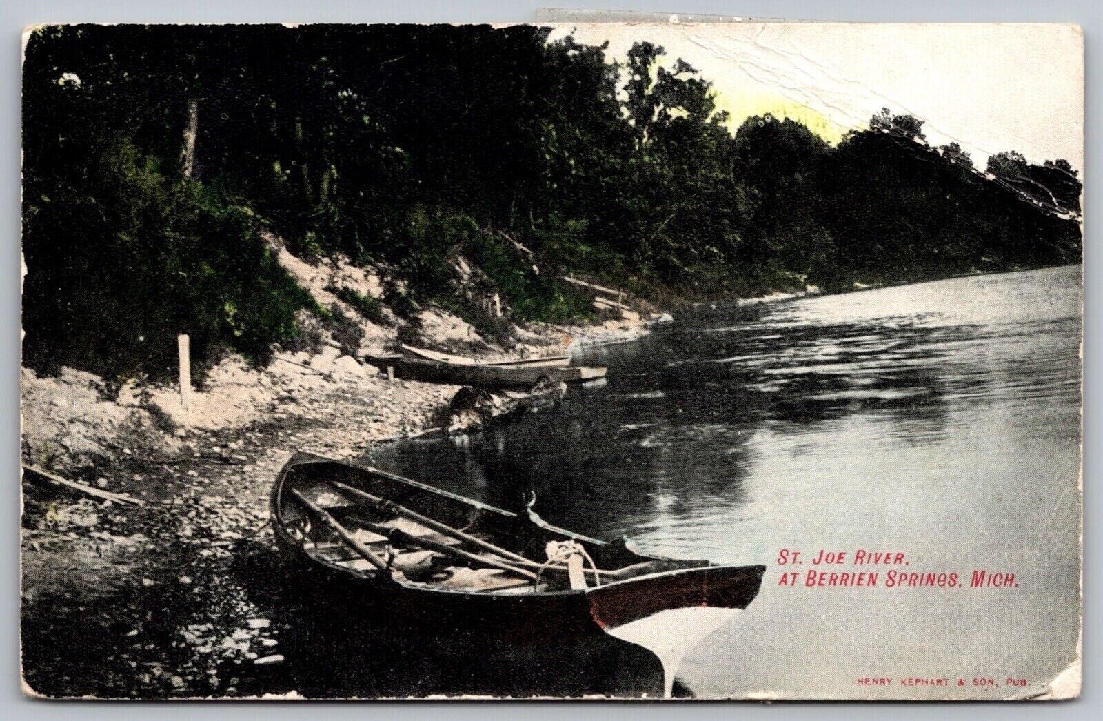 Michigan Berrien Springs Saint Joe River Boat Riverfront Shore Vintage Postcard