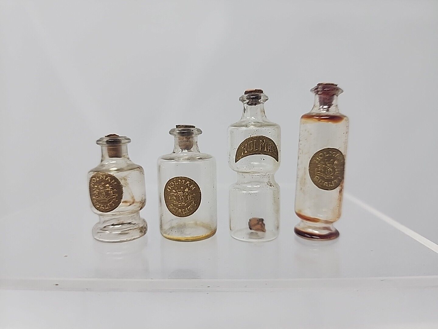 4 Antique Holman Miniature Glass Perfume Bottles Paper Label Cork Stopper Empty