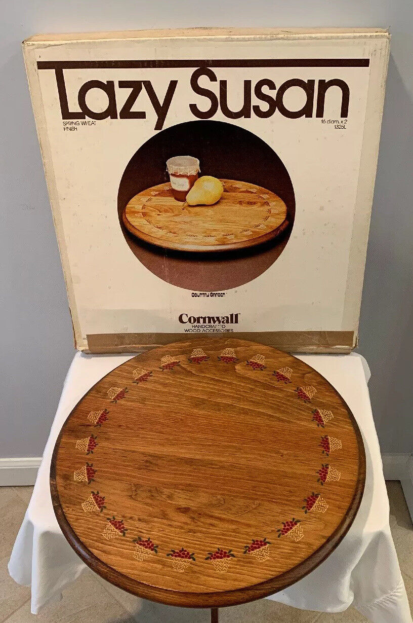 Vintage Cornwall Handcrafted Wood Lazy Susan Country Garden Pattern Original Box