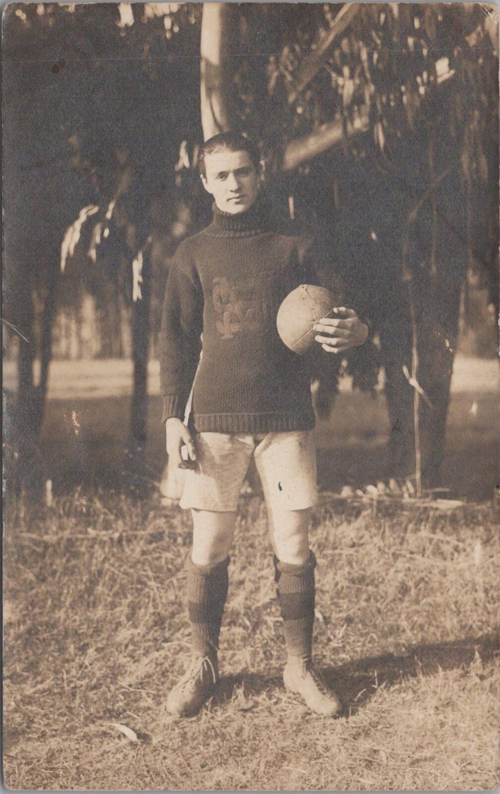 RPPC Postcard Man Holding Football SM Sweater San Francisco 1915