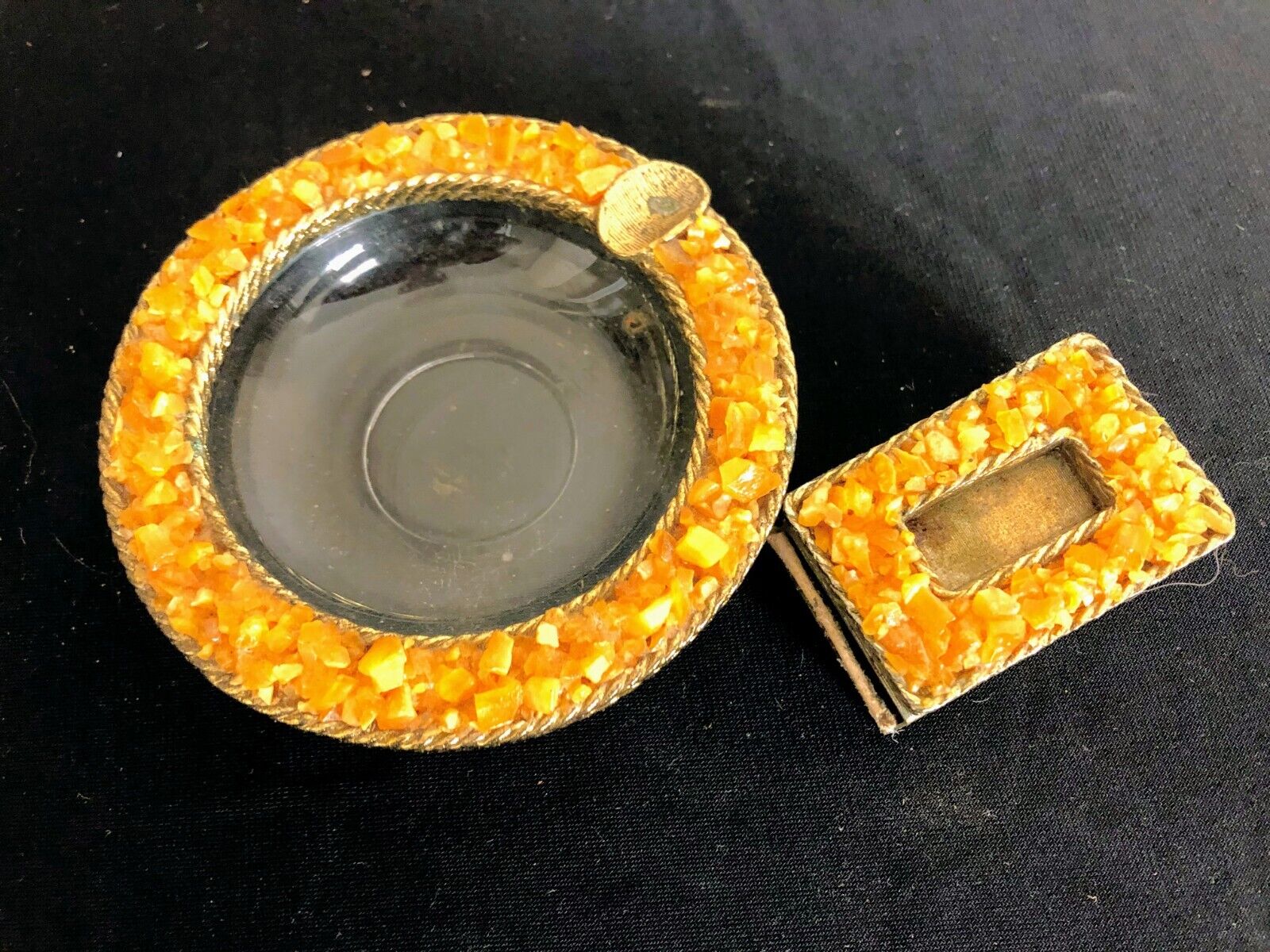 Rare Vintage Crushed Rough Cut Crystals Amber Ashtray W/ Matching Match Case