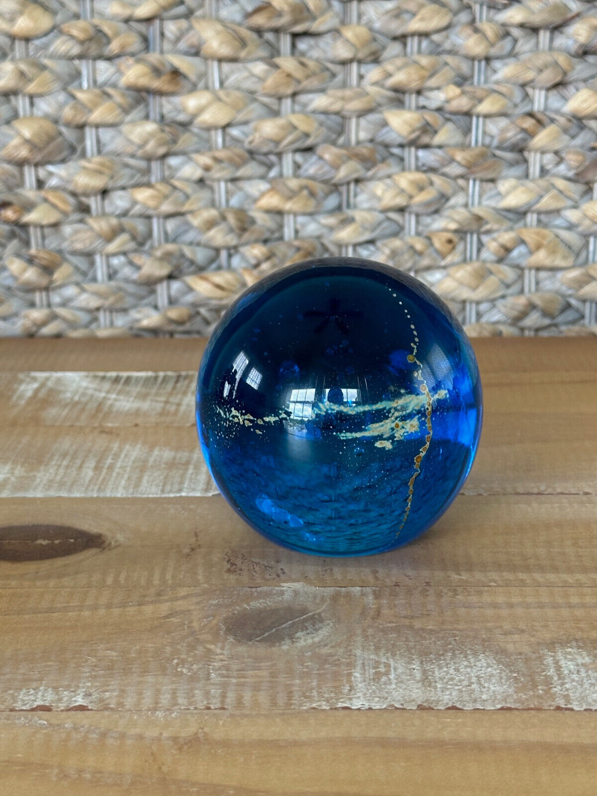 Blue Bubbly Art Glass Paperweight with Yellow Swirl Unmarked H: 3.25”