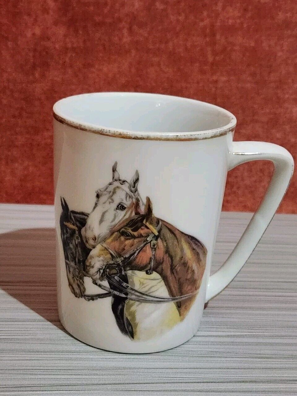 Vintage Knobler Gold Trimmed Fine Porcelain Mug Trio Of Horses Made In Japan