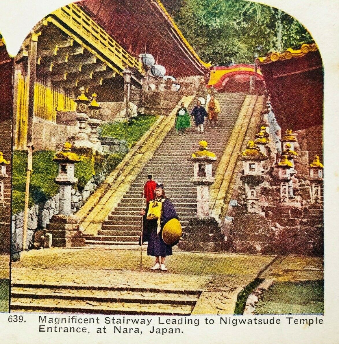 1895-1905 Ingersoll Japanese Color Stereoview Nigwatsude Temple Stairs Nara  *A8