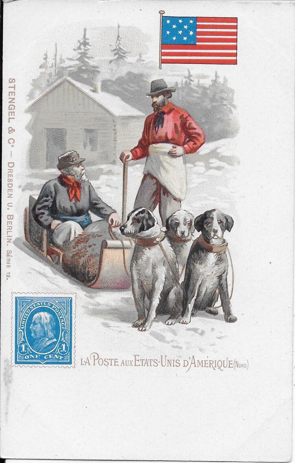 LA POSTE AUX ETATS-UNIS D\'AMERIQUE Vintage Postman/World Stamp and Flag Postcard