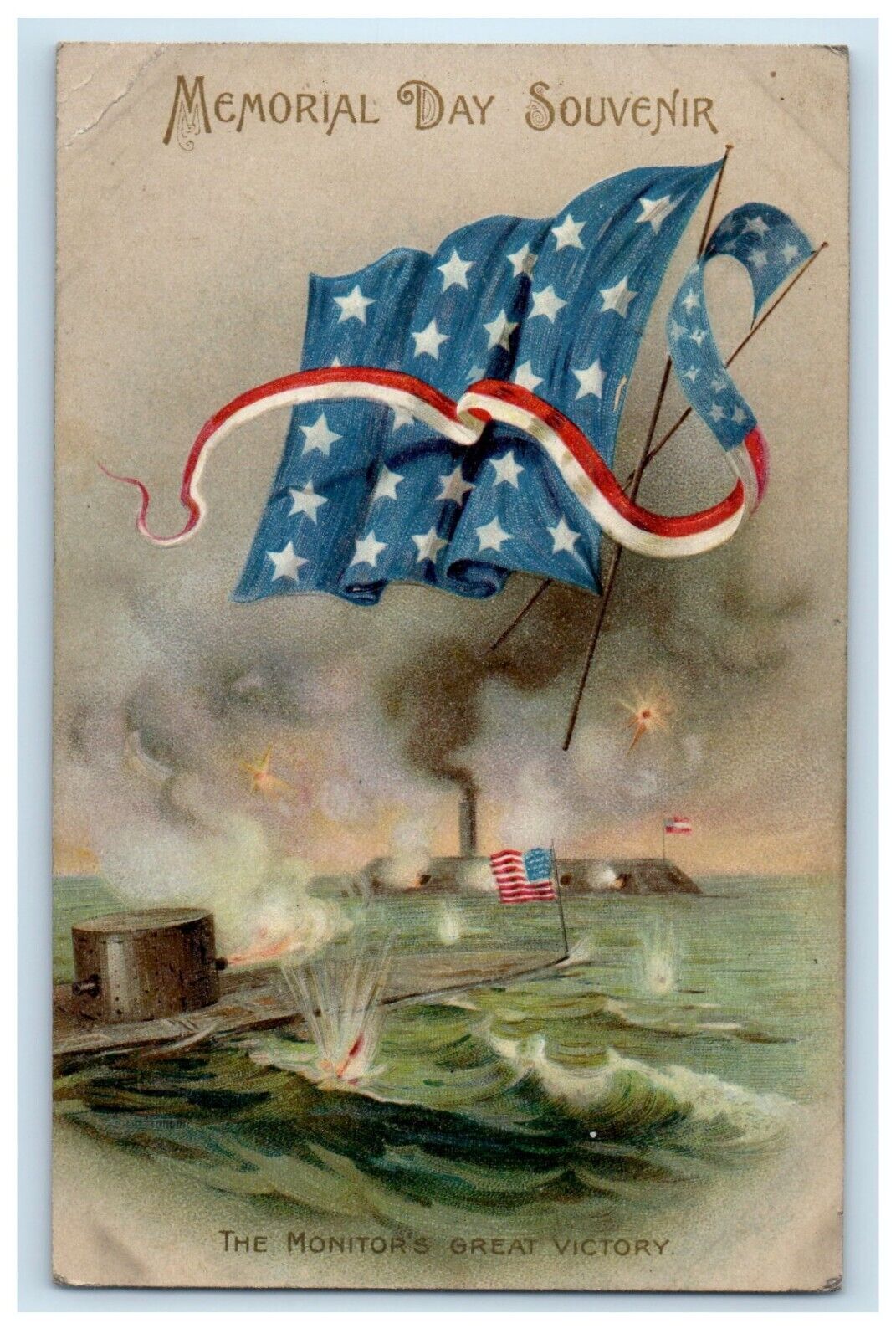 Memorial Day The Monitor\'s Great Victory Patriotic Flag Winsch Back Postcard